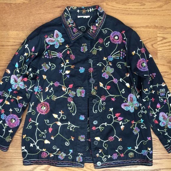 THE QUACKER FACTORY EMBROIDERED FLORAL BEADED JACKET WOMENS M BLACK GLAM BOHO - Picture 3 of 11